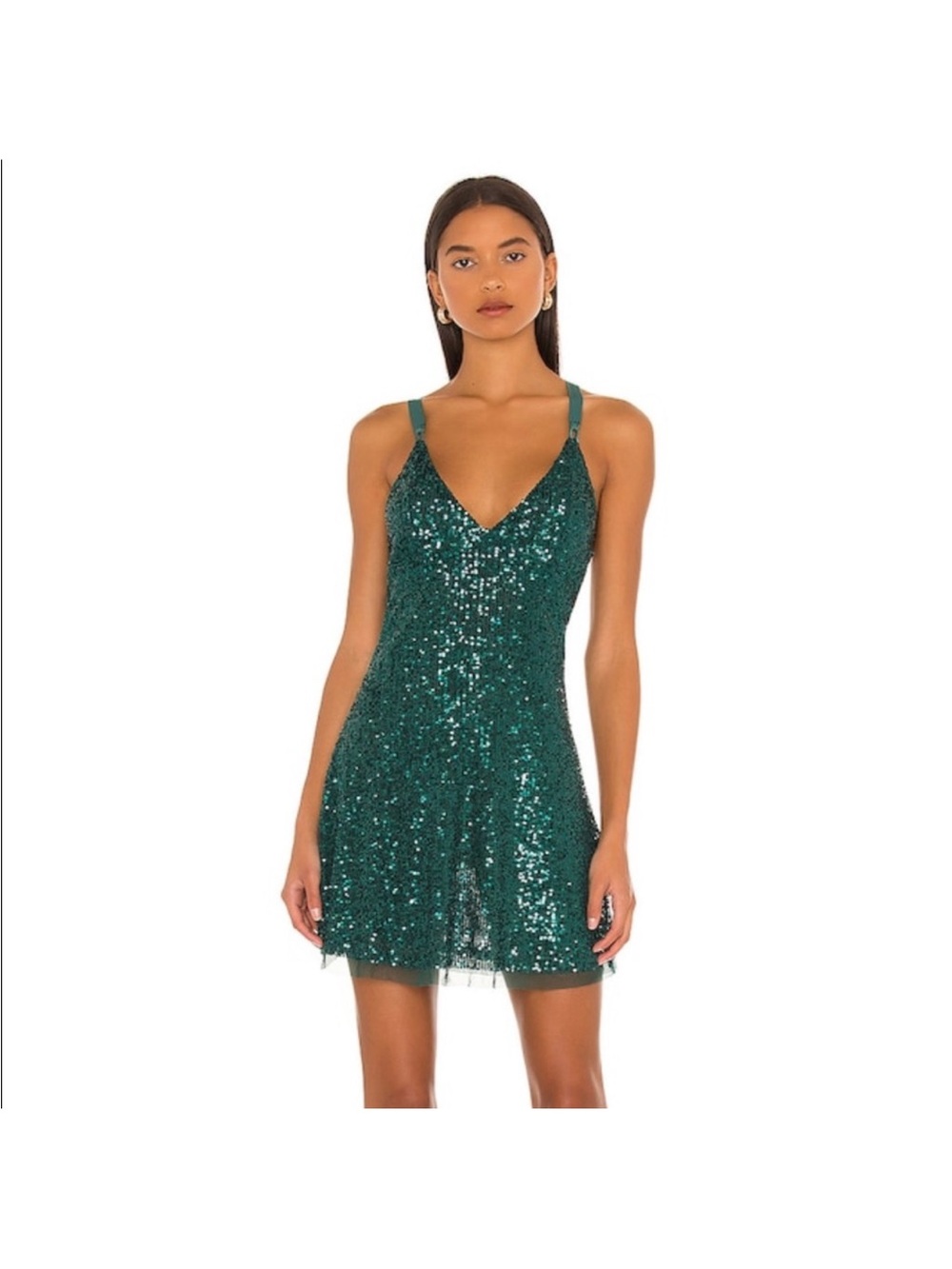 FREE PEOPLE SIZE M~STUNNING SEQUIN GREEN V-NECK MINI PARTY DRESS~EVENING DAY - Picture 15 of 15